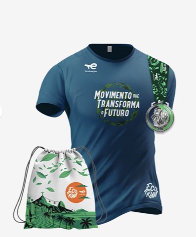 Kit Eco Run Rio de Janeiro: camiseta azul, sacochila e medalha