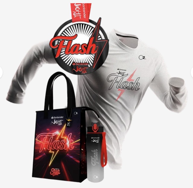 Kit Night Run Flash: camiseta manga longa, sacola, garrafa e medalha